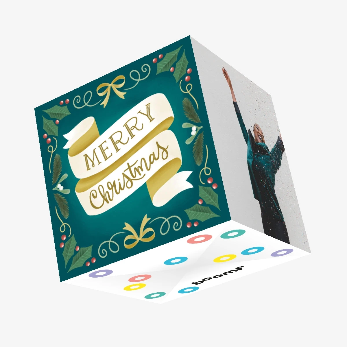 Merry Christmas Ribbon Teal Confetti-exploding Greetings Card 3 Merry Christmas Ribbon Teal Confetti-exploding Greetings Card